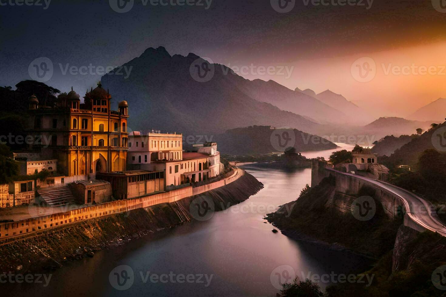 foto papel de parede a céu, rio, montanhas, Índia, a cidade, a ponte, o. gerado por IA