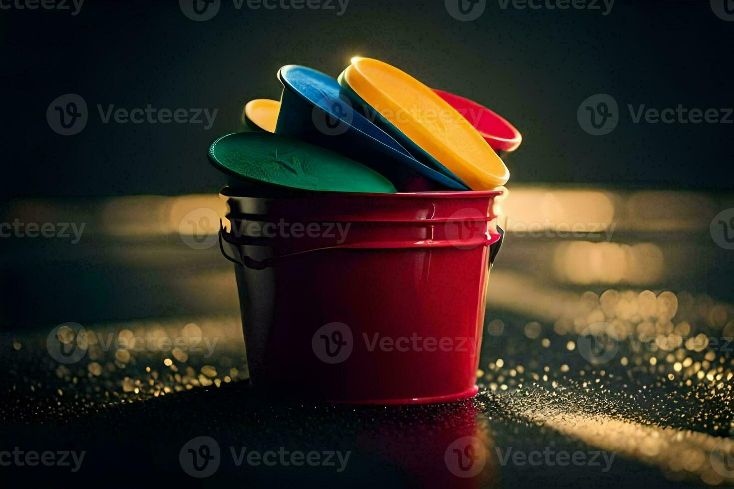 uma vermelho balde com colorida plástico brinquedos dentro isto. gerado por IA foto