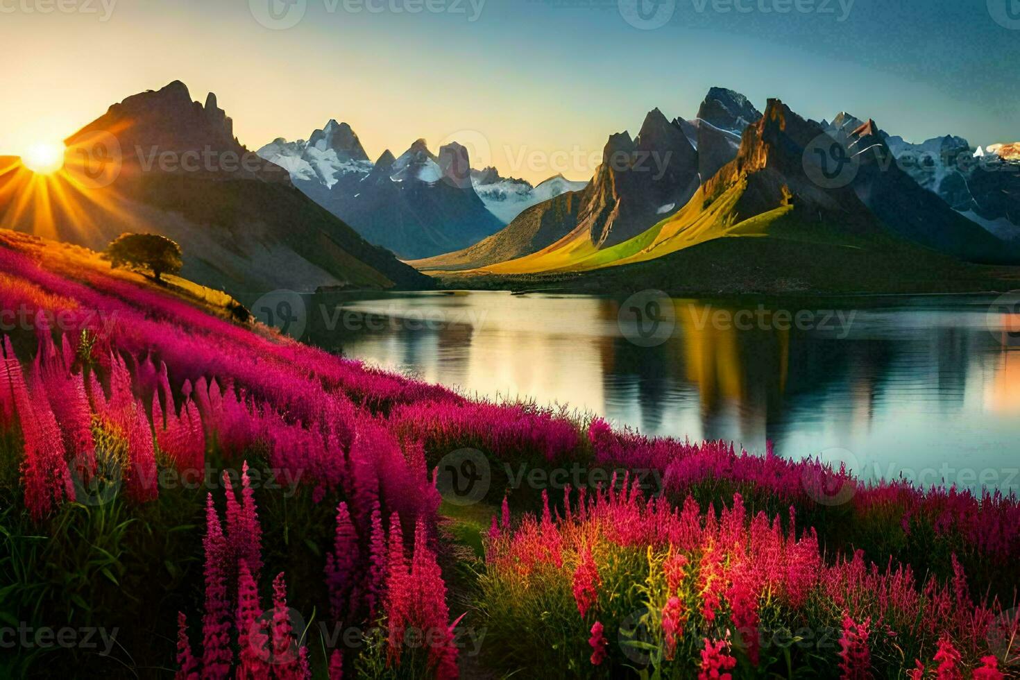 a Sol sobe sobre uma lago e Rosa flores gerado por IA foto