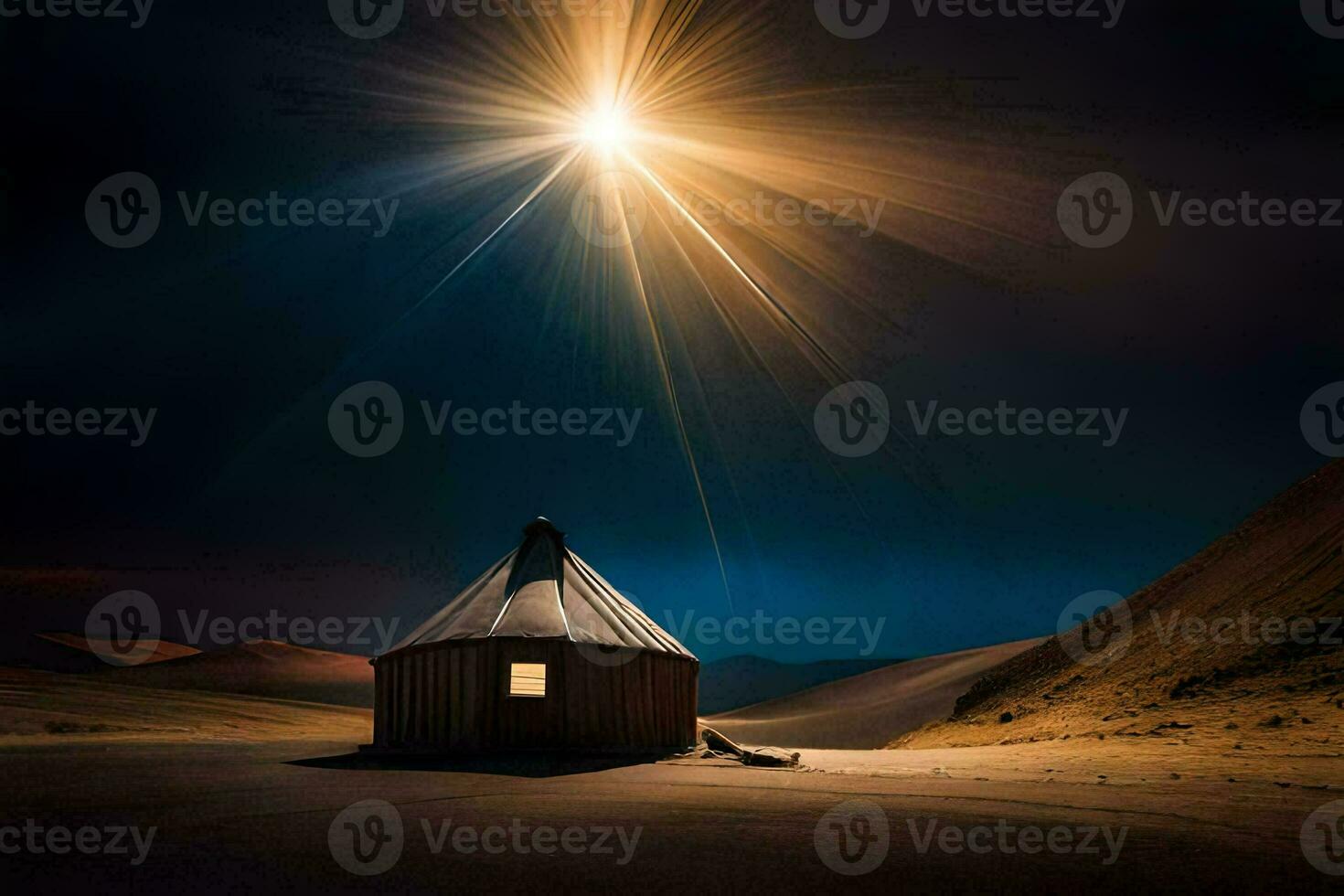 uma pequeno cabana dentro a deserto com uma brilhante Estrela brilhando acima isto. gerado por IA foto