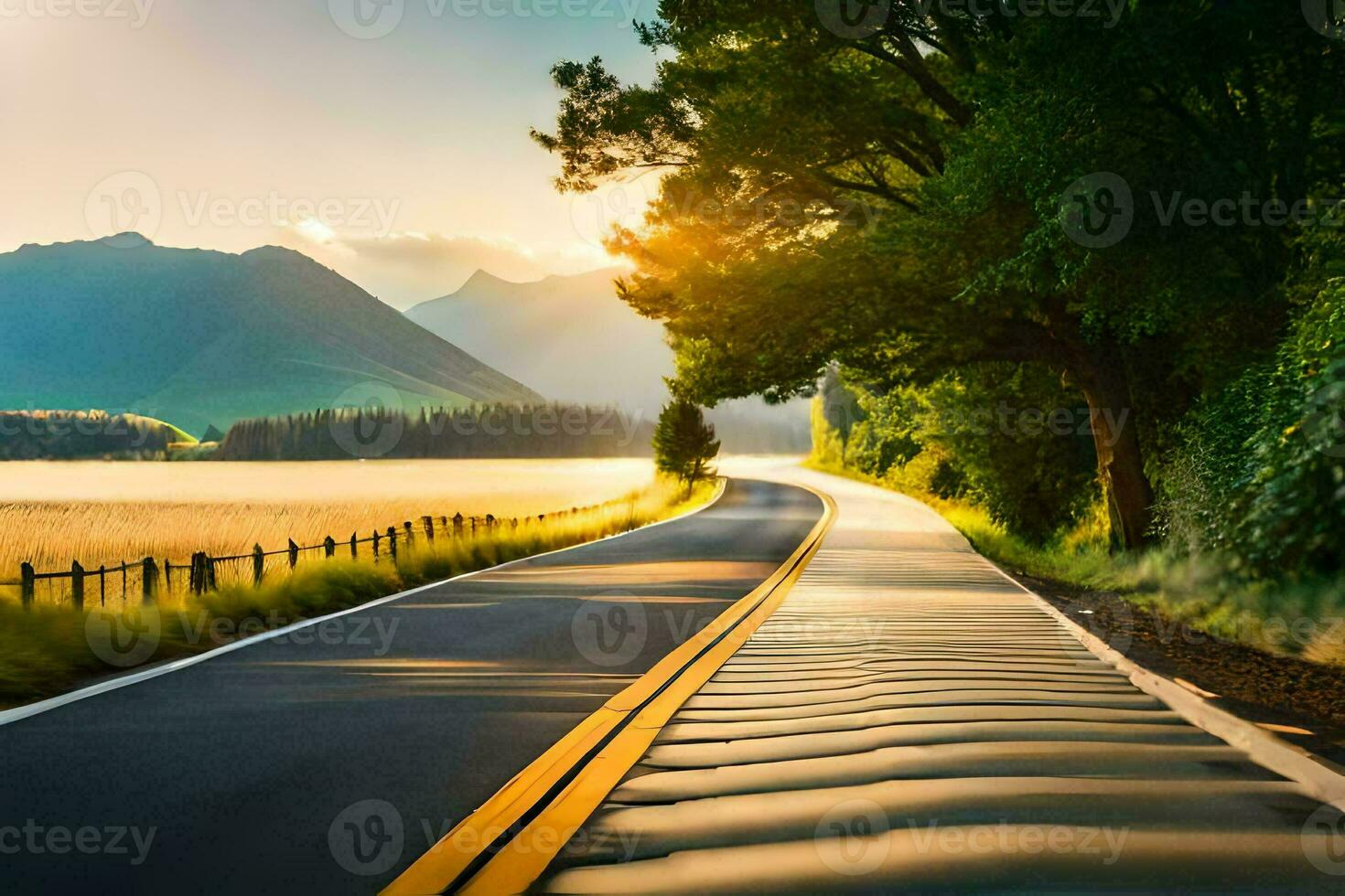 uma grandes estrada com árvores e montanhas dentro a fundo. gerado por IA foto