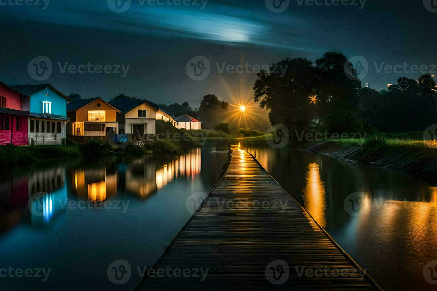 uma de madeira ponte sobre uma rio às noite. gerado por IA foto