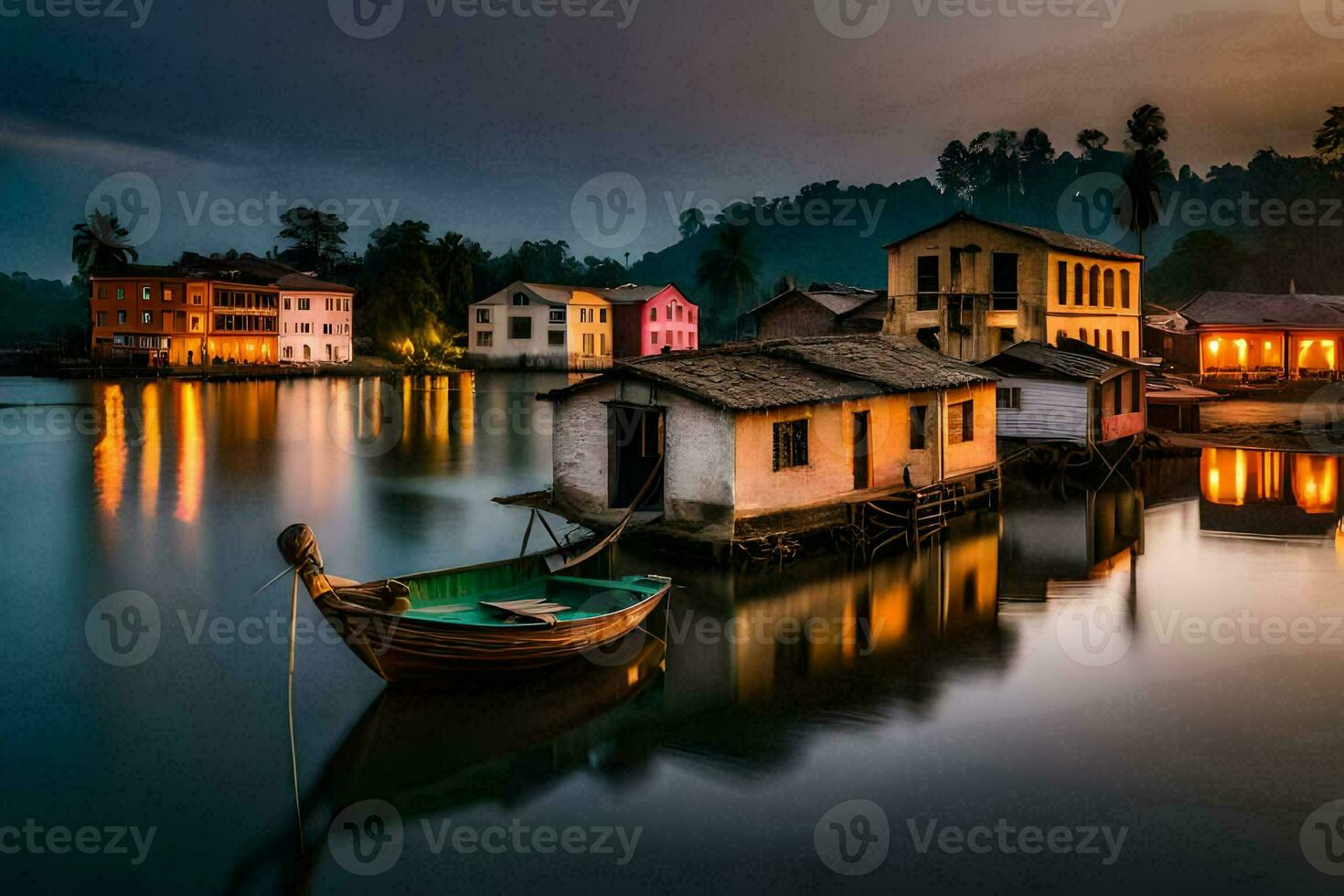 uma barco senta em a água dentro frente do casas. gerado por IA foto