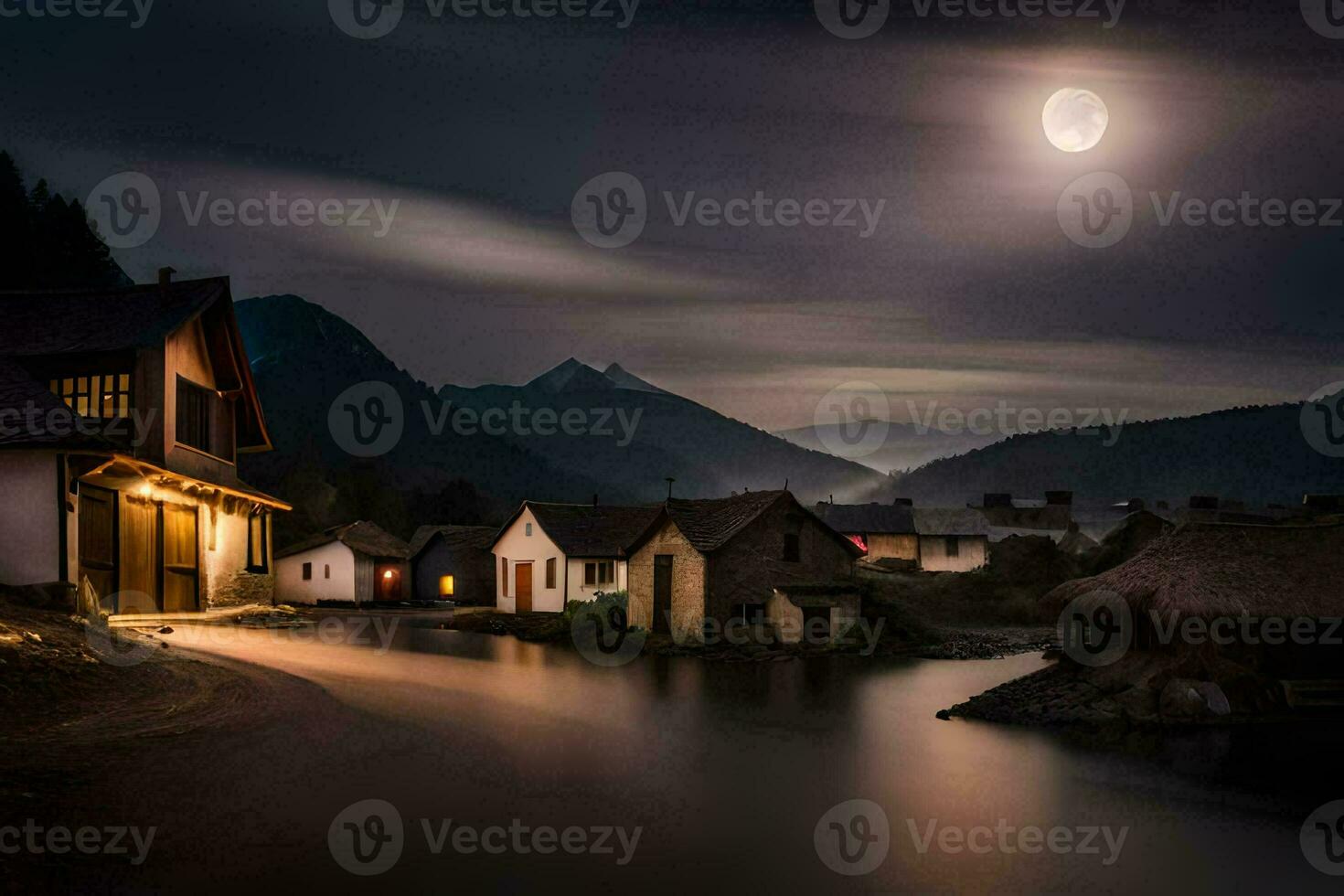 uma enluarada noite cena com casas e uma lago. gerado por IA foto