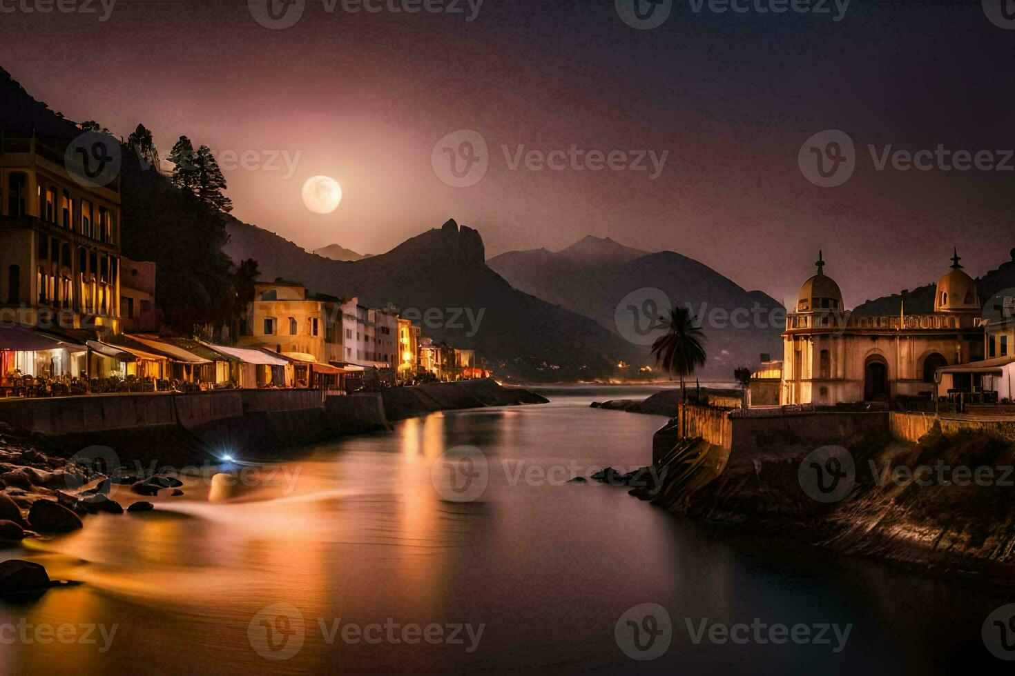 a lua sobe sobre a rio dentro frente do uma cidade. gerado por IA foto