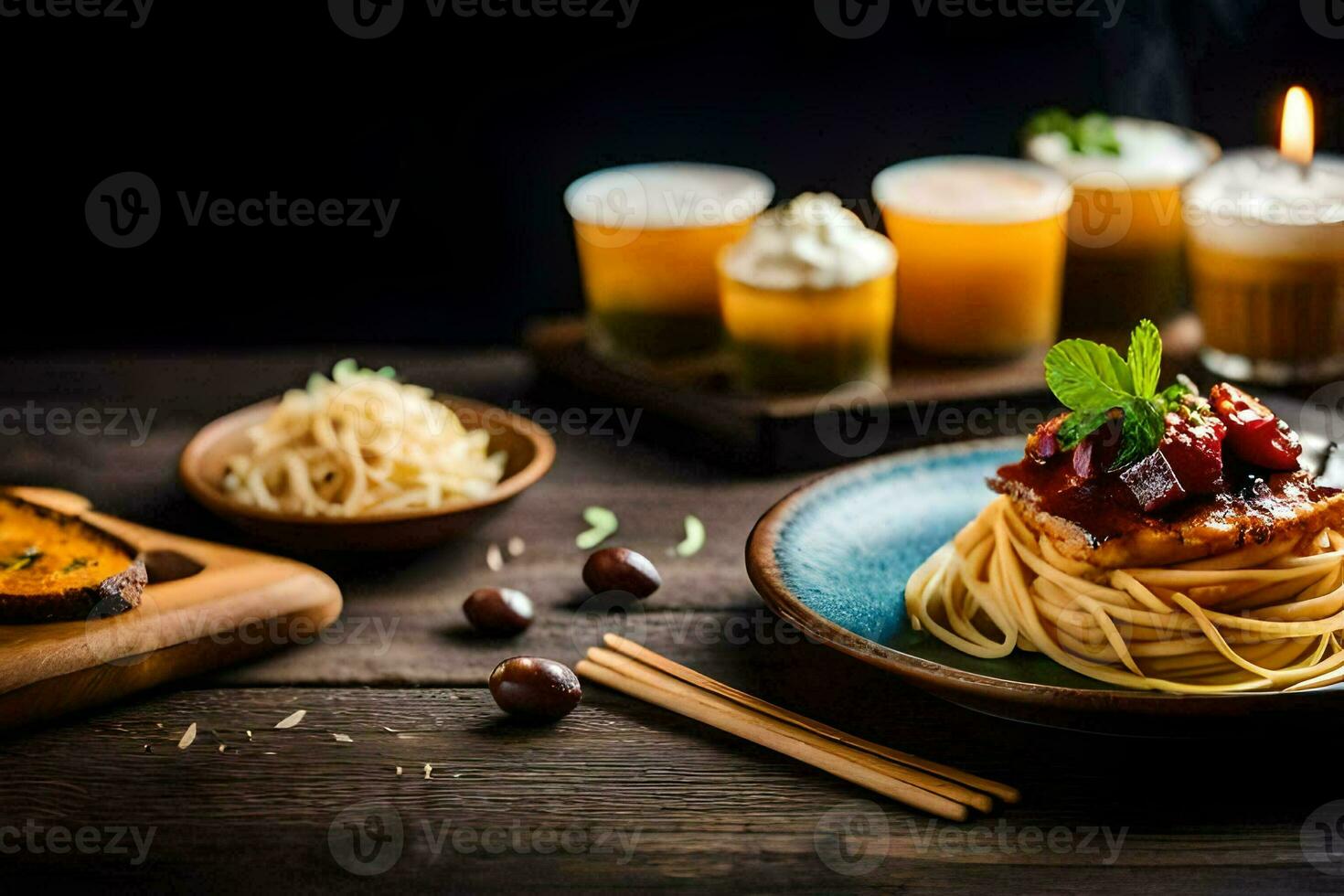 uma prato do espaguete com carne e legumes. gerado por IA foto