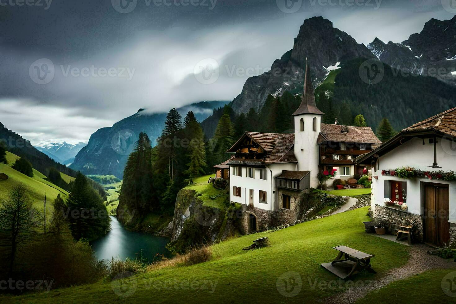 uma pequeno Vila dentro a montanhas com uma rio. gerado por IA foto