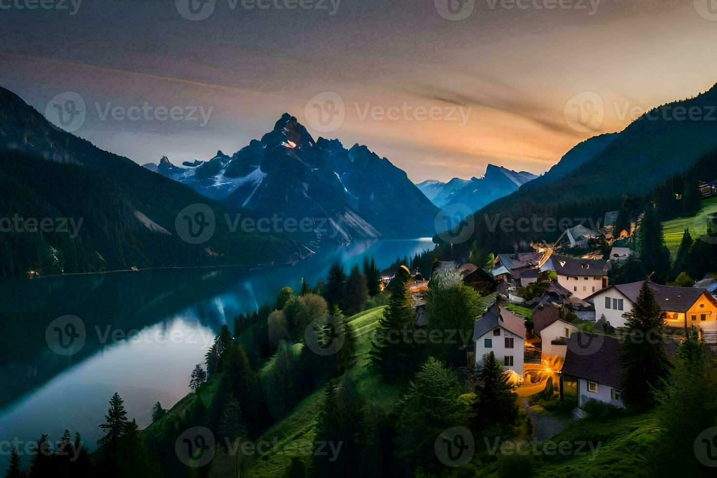 a Vila do alpin dentro a Alpes. gerado por IA foto