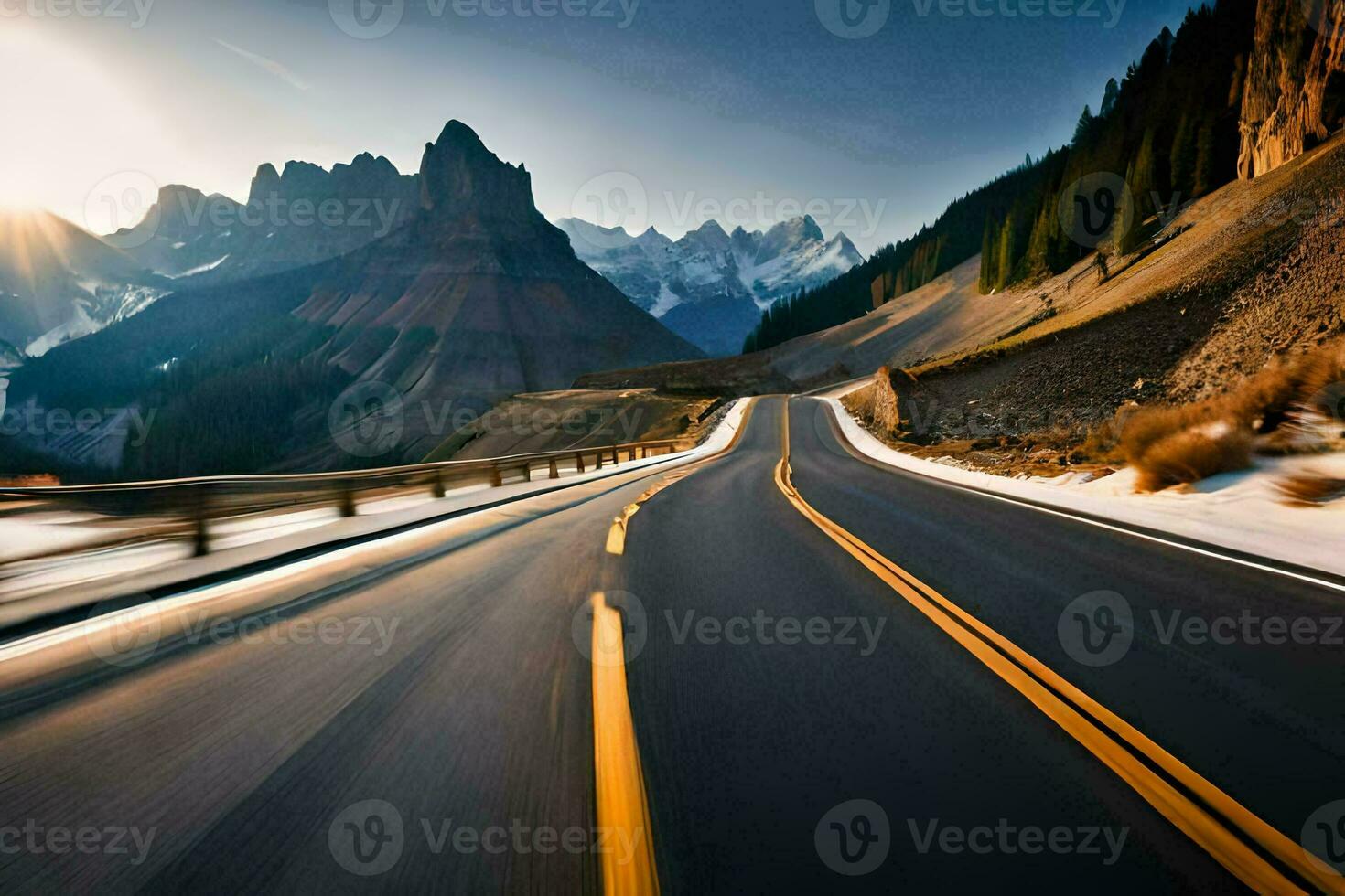 uma estrada dentro a montanhas com montanhas dentro a fundo. gerado por IA foto