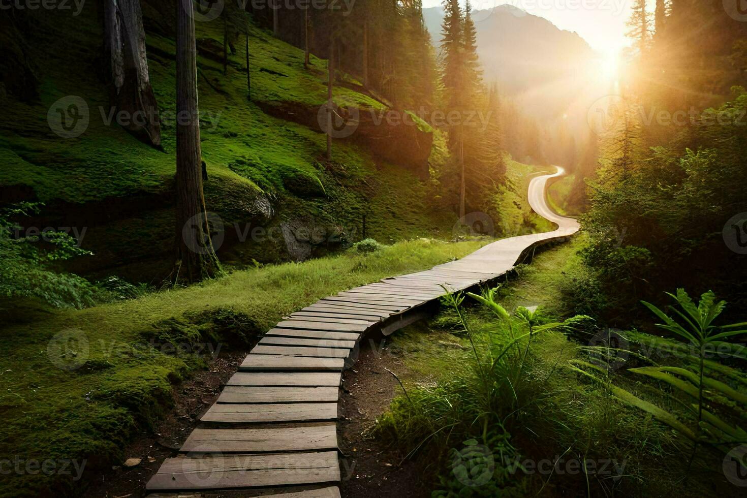 uma de madeira caminho conduz para a Sol dentro a floresta. gerado por IA foto