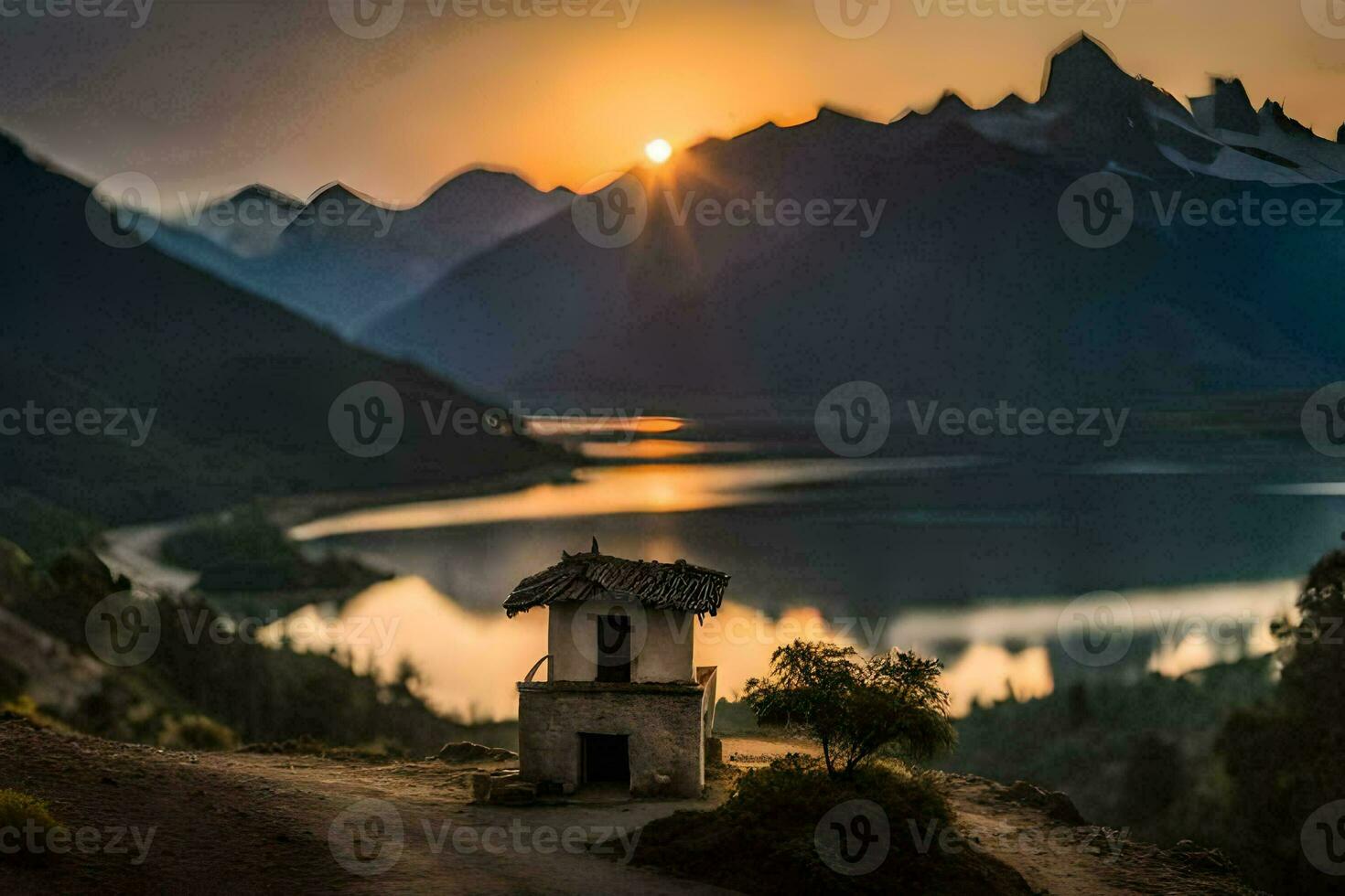 uma pequeno casa senta em a Beira do uma lago às pôr do sol. gerado por IA foto