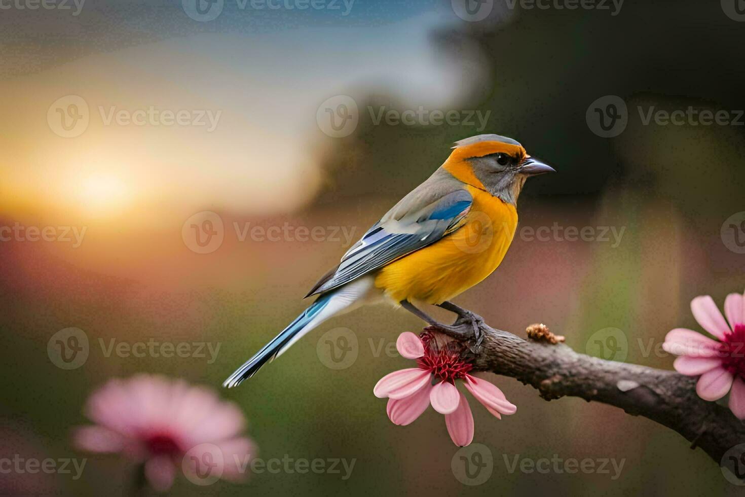 uma azul e amarelo pássaro senta em uma ramo dentro frente do Rosa flores gerado por IA foto