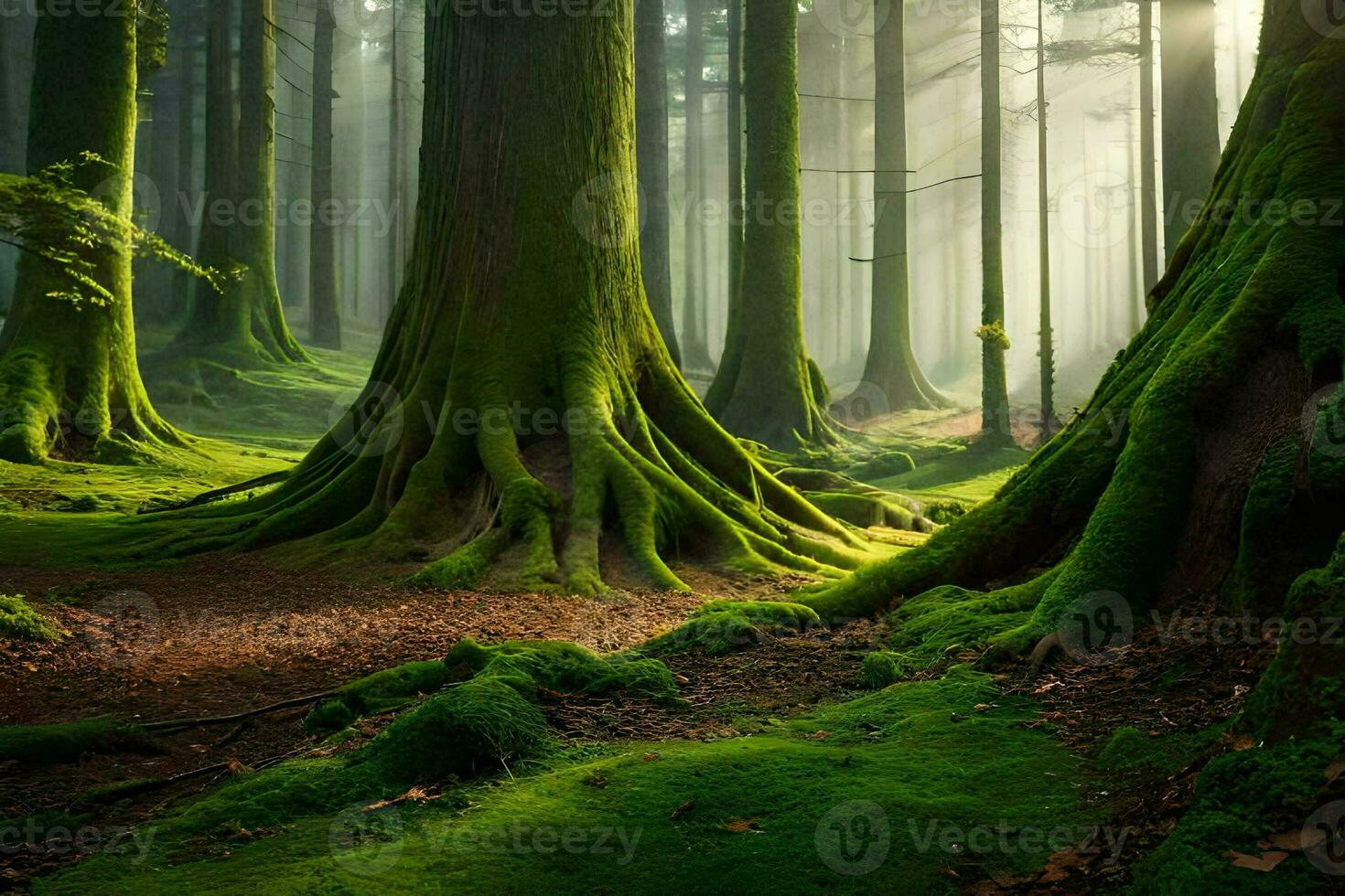 uma floresta com verde árvores e musgo. gerado por IA foto