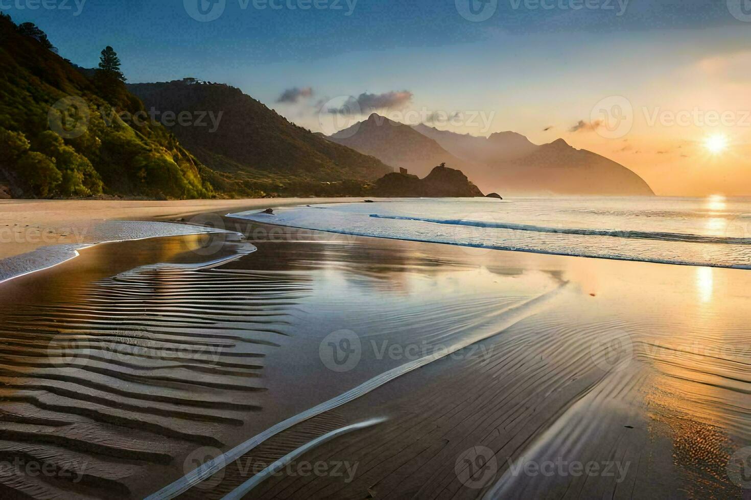 a Sol conjuntos em a de praia às Milford som. gerado por IA foto