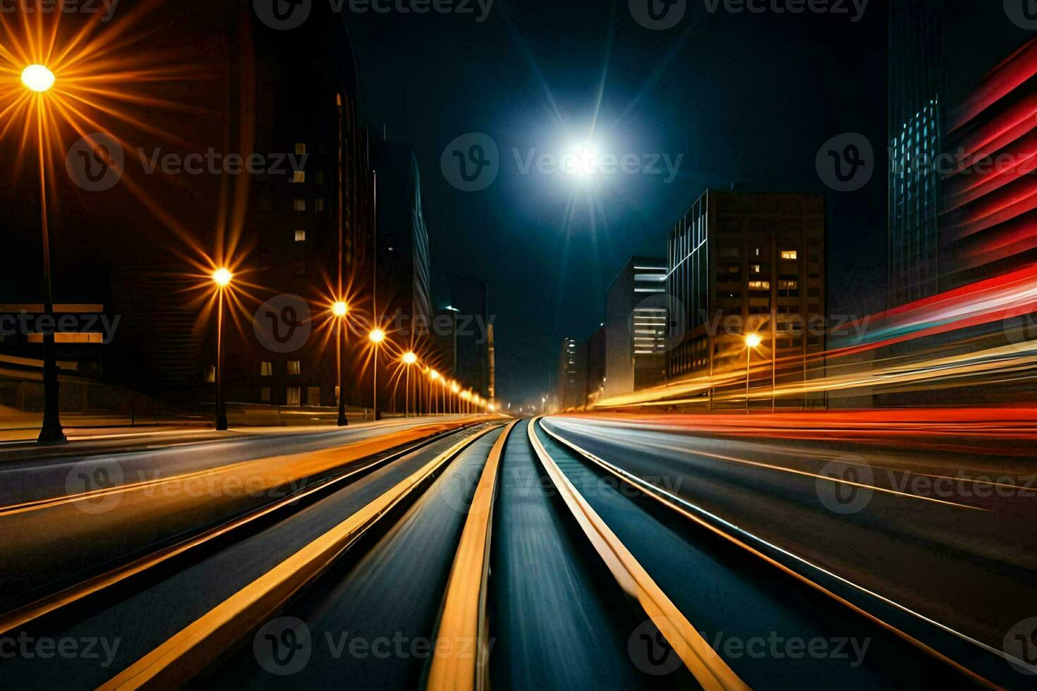 uma grandes exposição fotografia do uma cidade rua às noite. gerado por IA foto