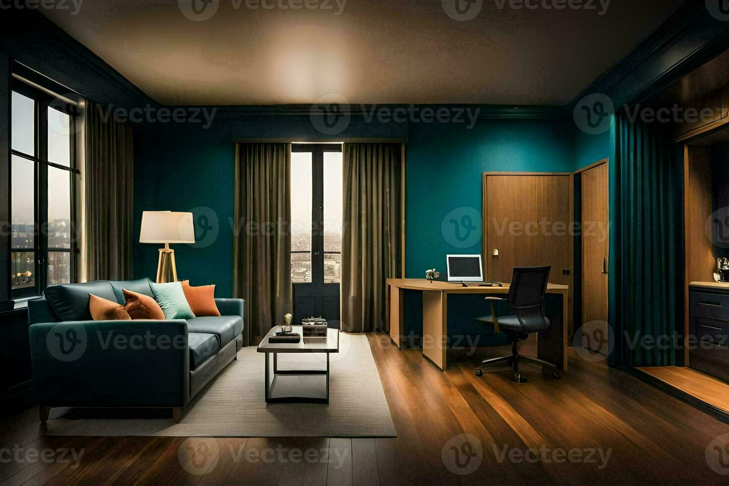 uma hotel quarto com uma azul parede e de madeira andares. gerado por IA foto