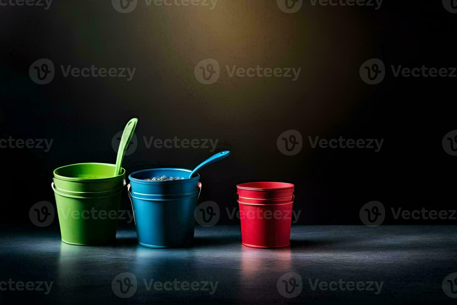 três colorida copos com colheres em uma Sombrio superfície. gerado por IA foto