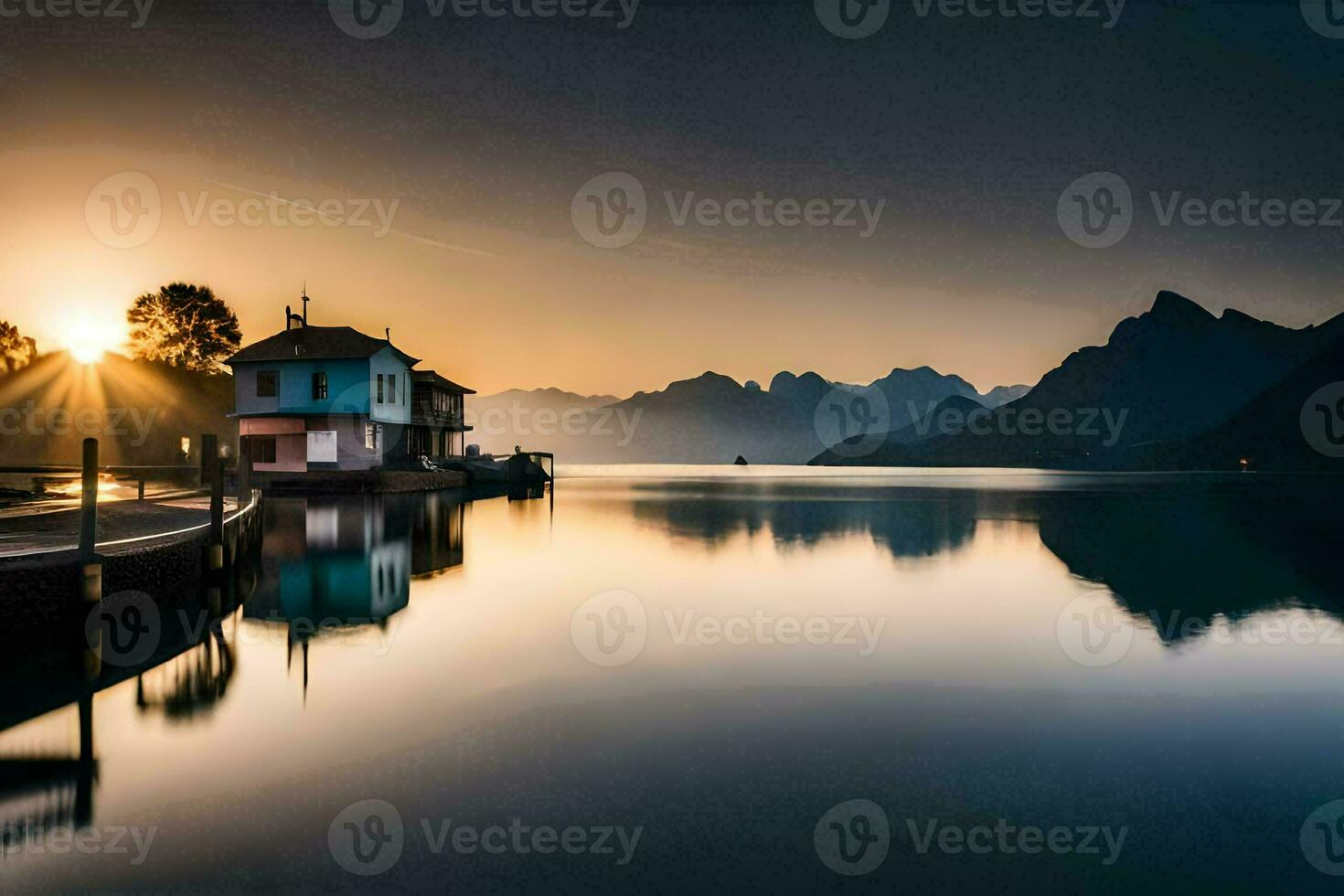 uma casa em a água com montanhas dentro a fundo. gerado por IA foto