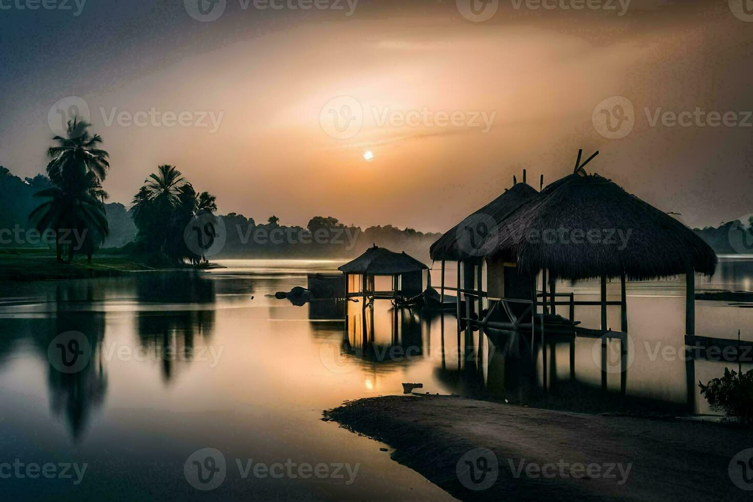 uma pôr do sol sobre uma lago com colmo cabanas. gerado por IA foto