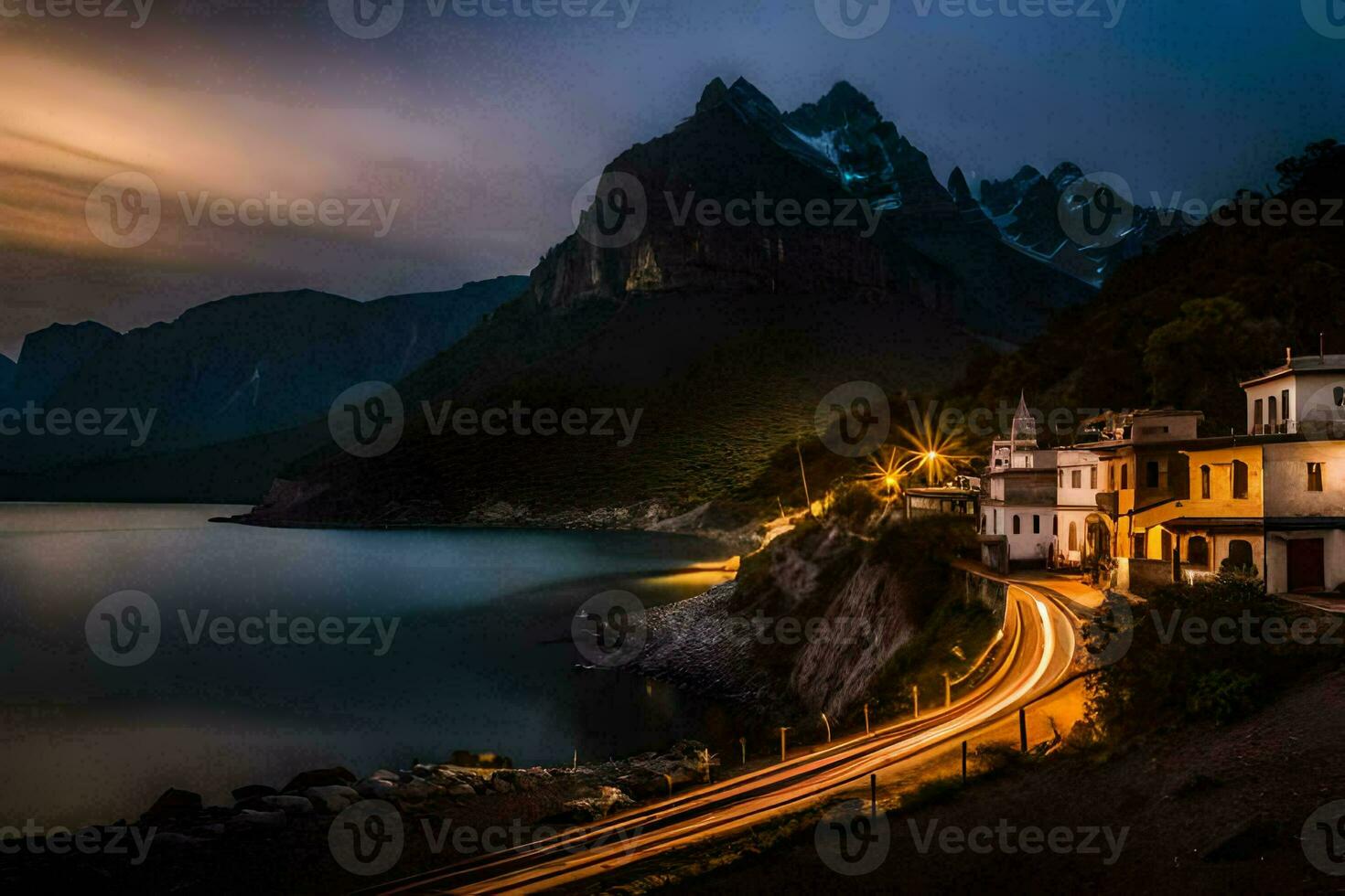 uma grandes exposição fotografia do uma montanha alcance e uma lago às noite. gerado por IA foto