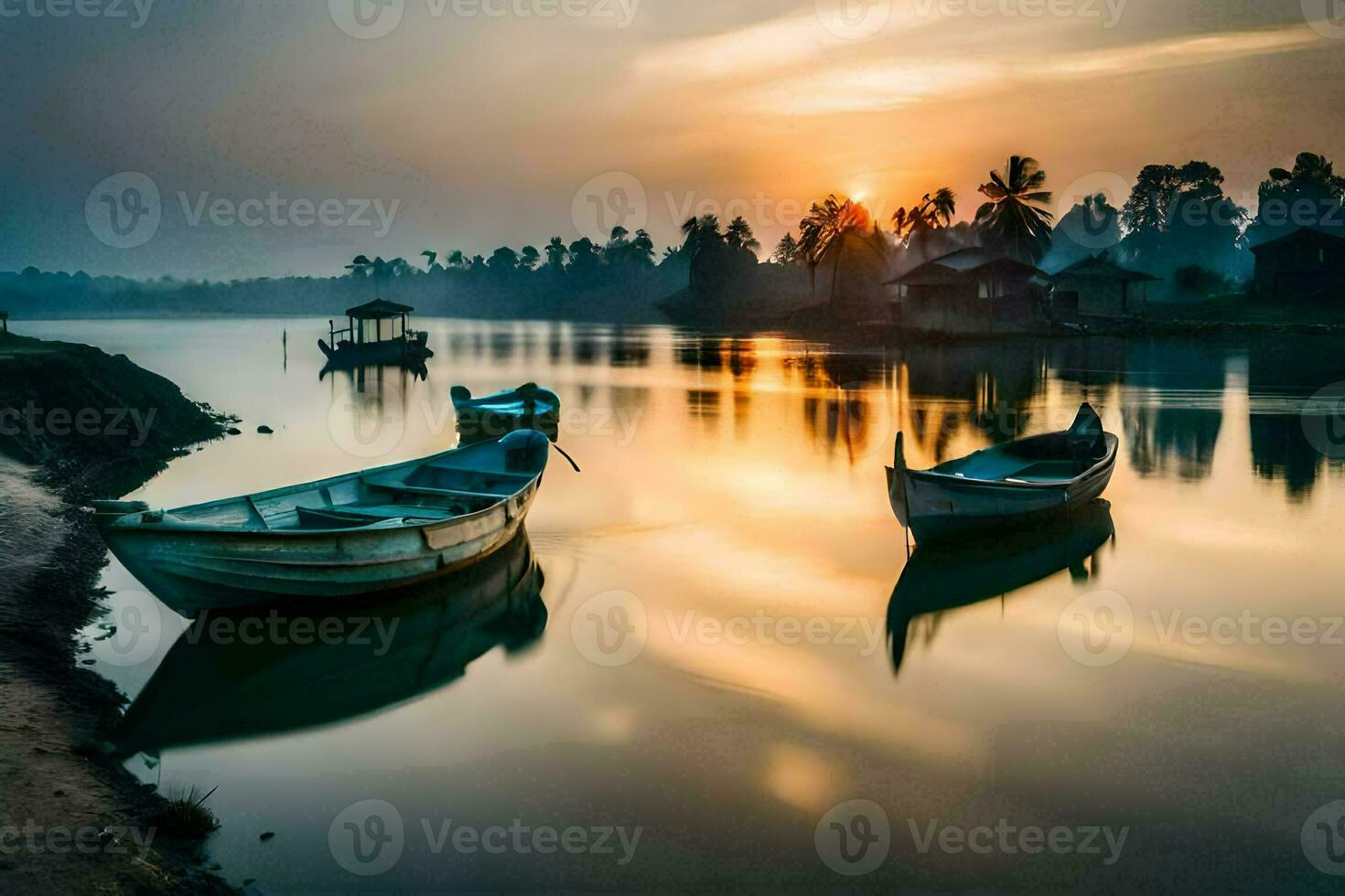 barcos em a rio às pôr do sol. gerado por IA foto