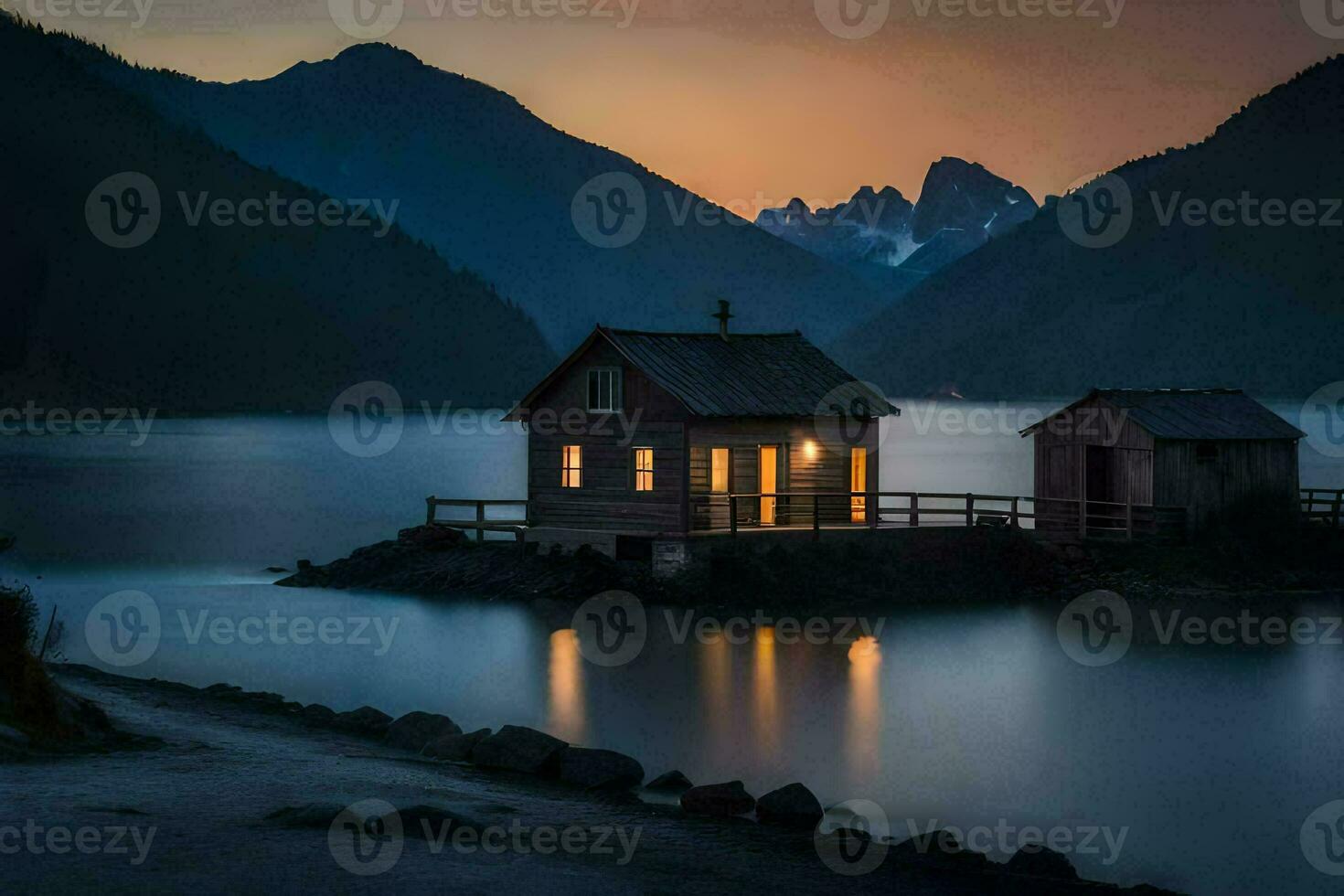 uma pequeno cabine senta em a costa do uma lago às crepúsculo. gerado por IA foto