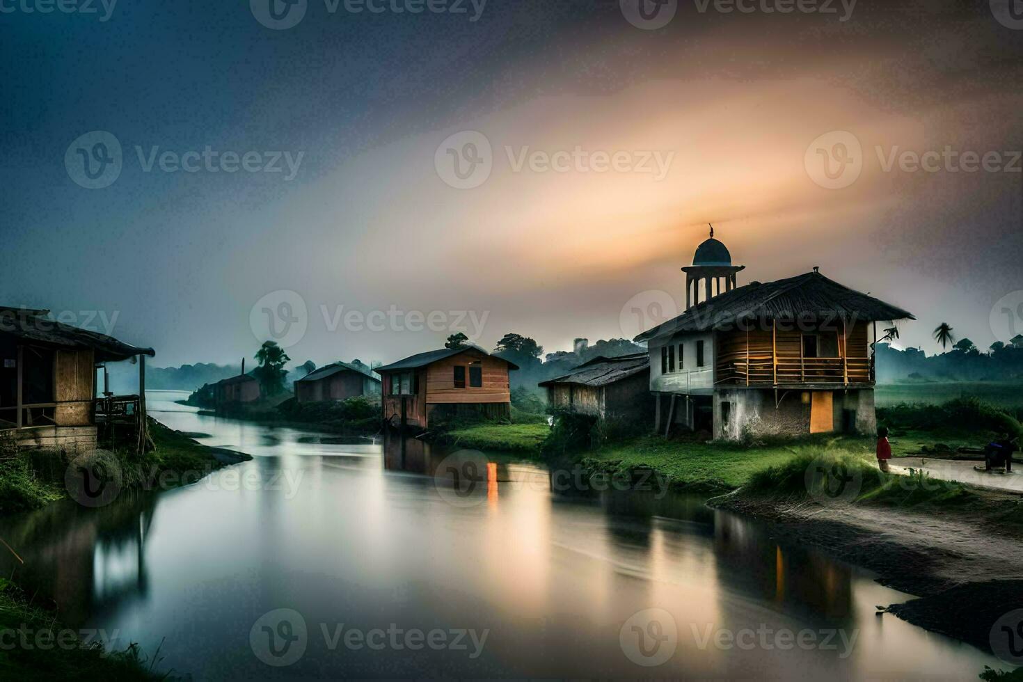 uma rio corre através uma Vila às pôr do sol. gerado por IA foto