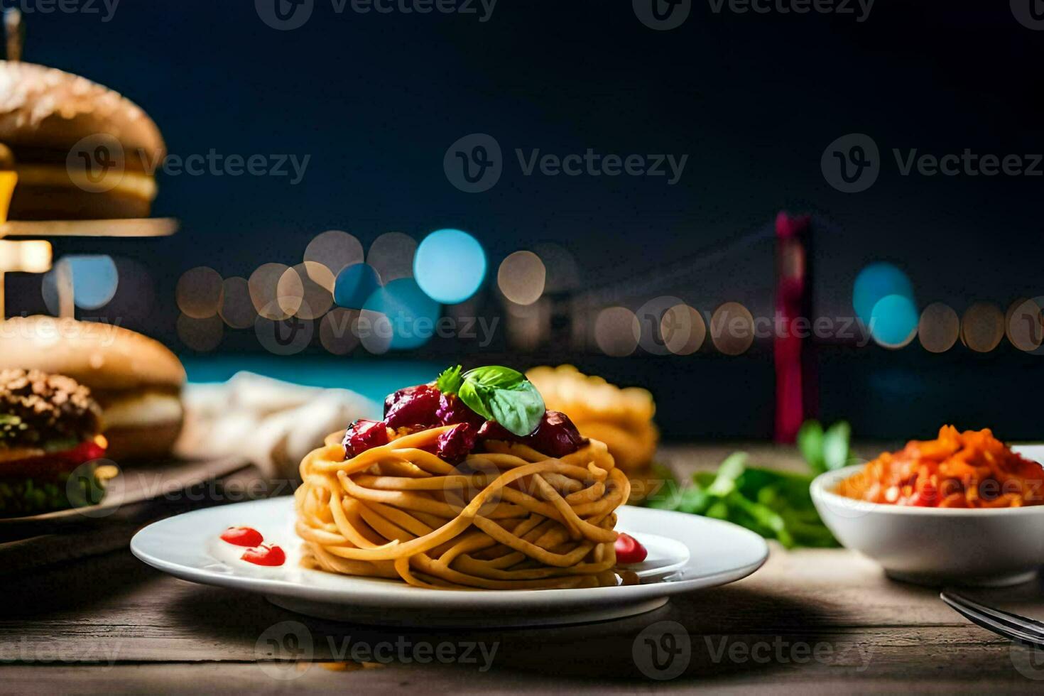 uma prato do espaguete e Hamburger em uma mesa. gerado por IA foto