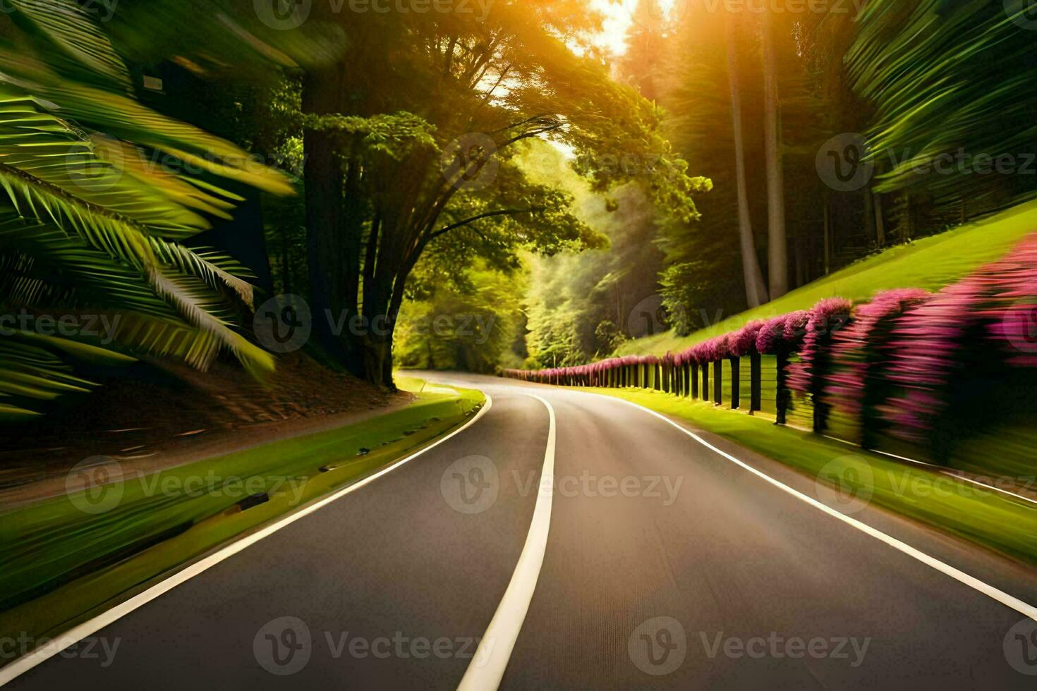 uma estrada com árvores e flores dentro a fundo. gerado por IA foto