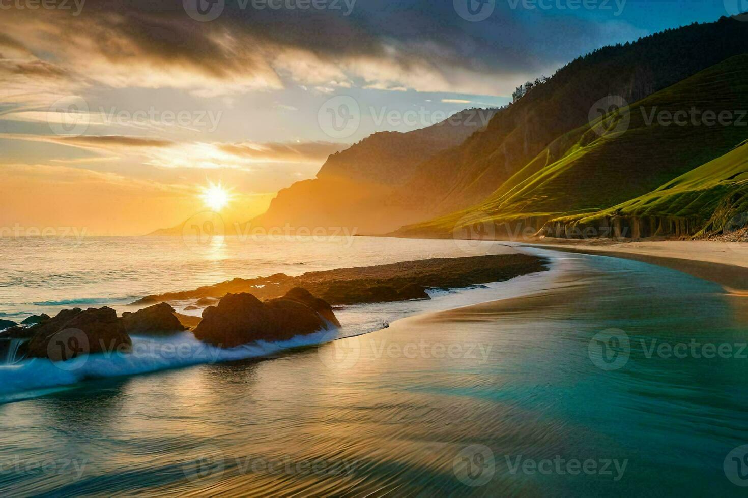 a Sol conjuntos sobre a oceano e uma de praia dentro a meio do uma montanha faixa. gerado por IA foto