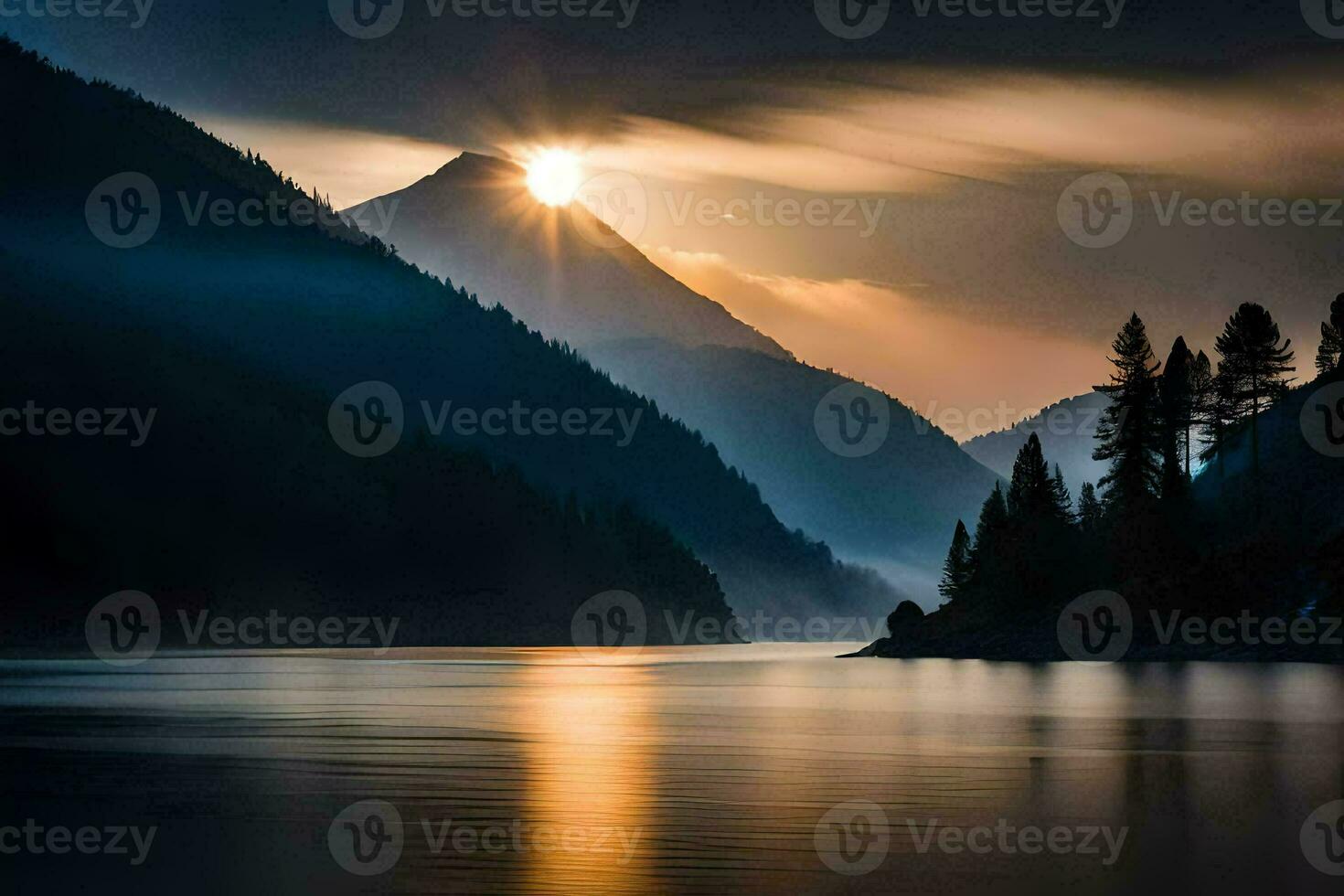 a Sol é brilhando sobre uma montanha alcance e uma lago. gerado por IA foto
