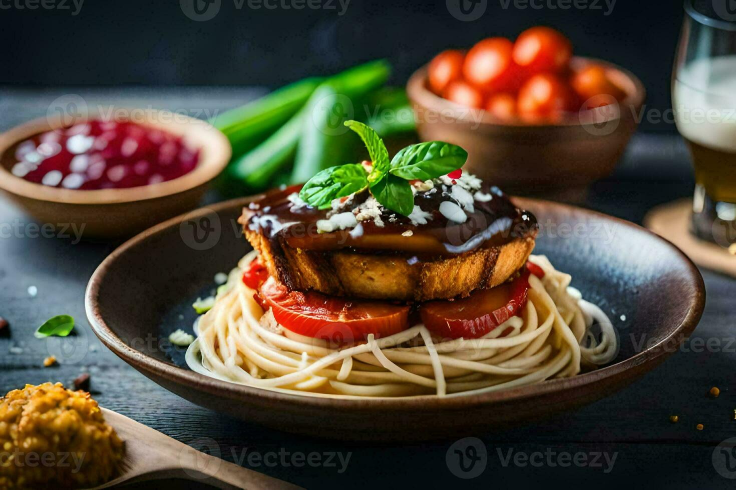 uma prato do espaguete com carne e legumes. gerado por IA foto