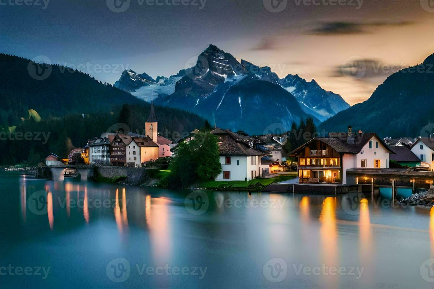 foto papel de parede montanhas, a noite, lago, Suíça, Alpes, a Alpes,. gerado por IA
