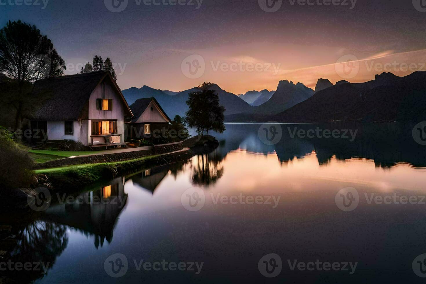 uma casa senta em a costa do uma lago às pôr do sol. gerado por IA foto