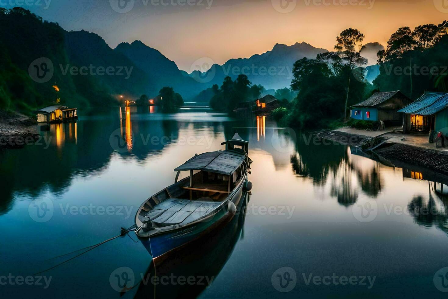 barco em a rio às pôr do sol com montanhas dentro a fundo. gerado por IA foto