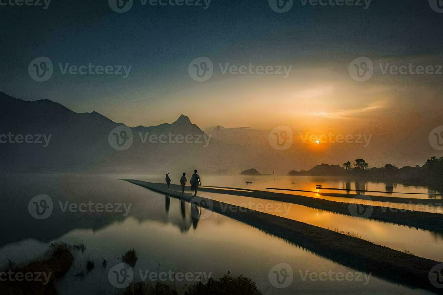 pessoas caminhando em a água às nascer do sol dentro a montanhas. gerado por IA foto