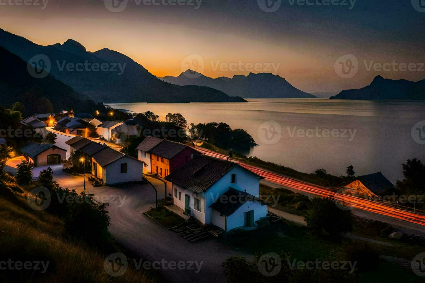 uma Vila dentro a montanhas às pôr do sol. gerado por IA foto