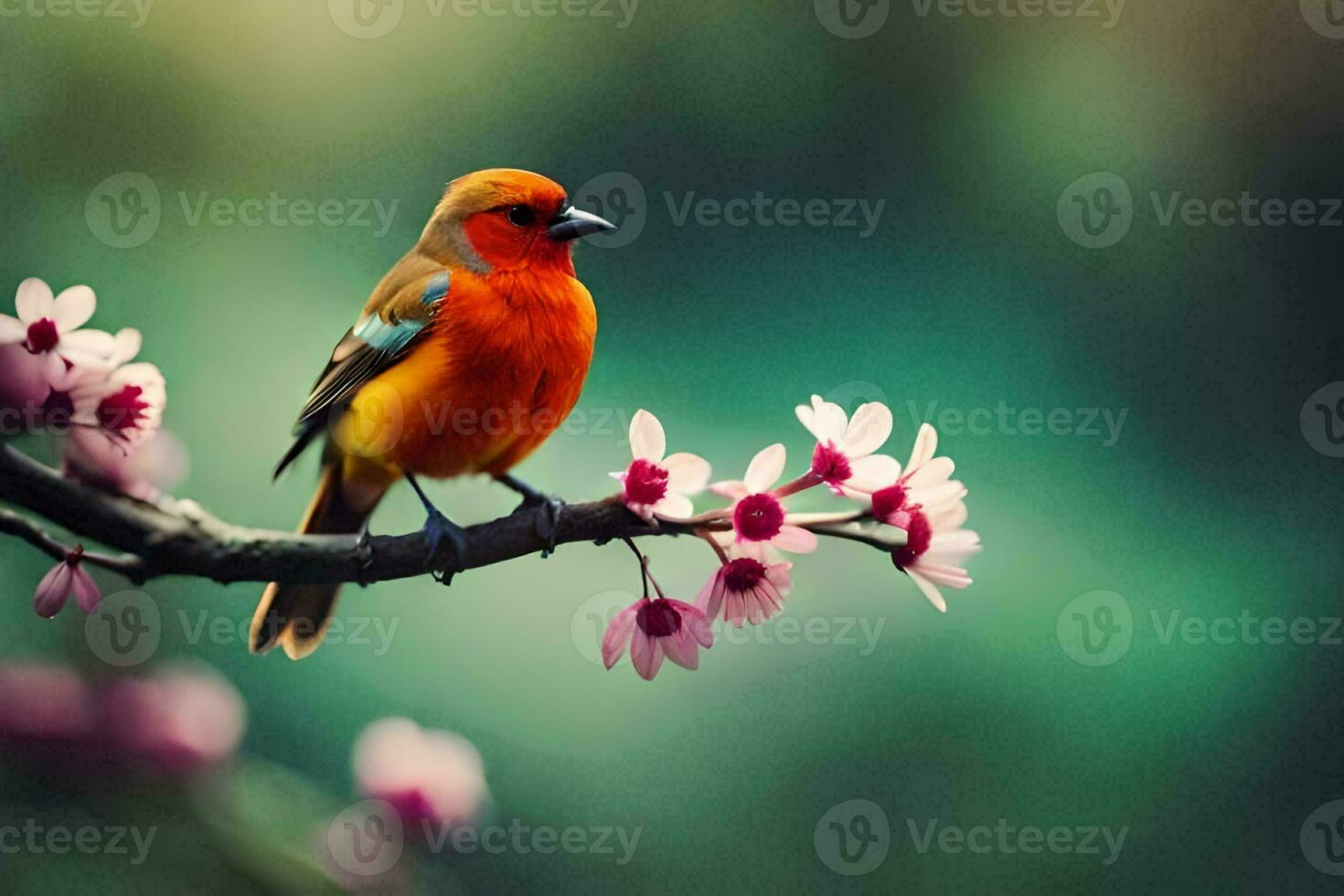 uma pequeno laranja pássaro é sentado em uma ramo com Rosa flores gerado por IA foto