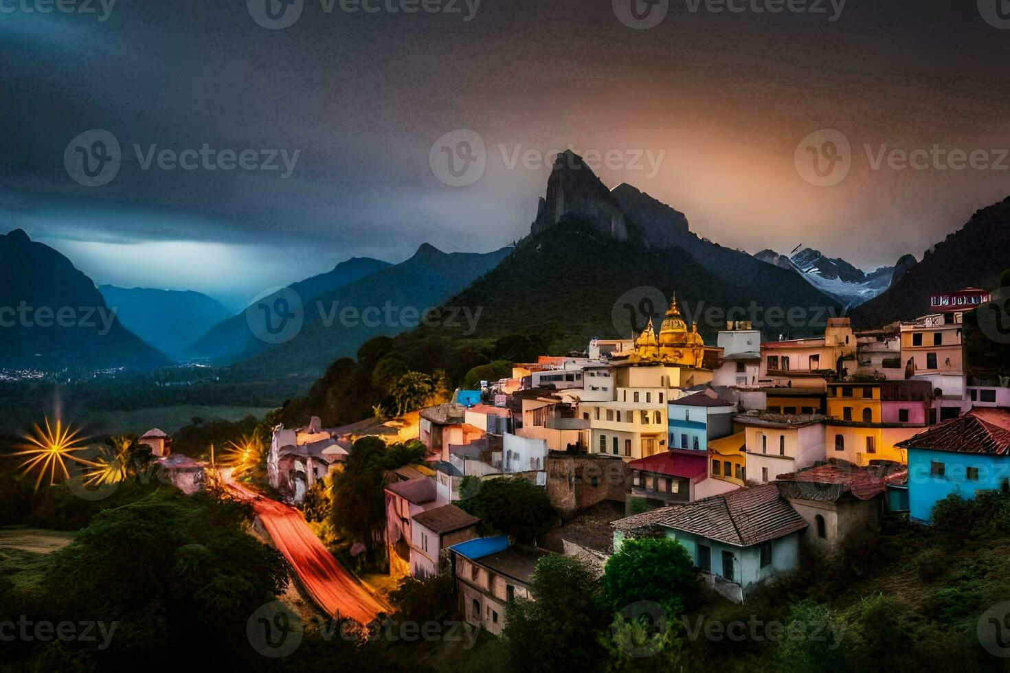 foto papel de parede a céu, montanhas, noite, a cidade, a Vila, a montanhas, o. gerado por IA