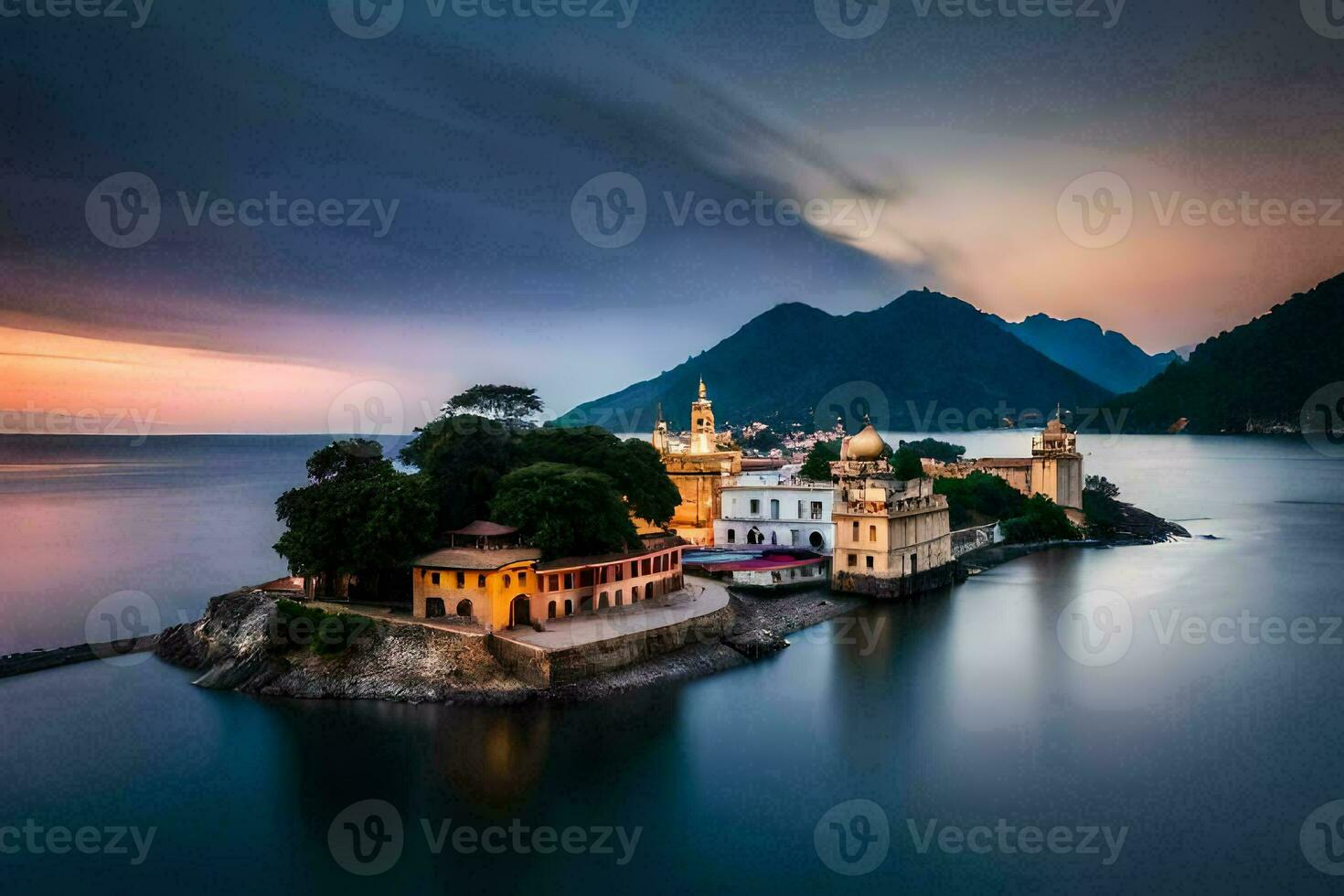 uma lindo Igreja em a ilha dentro a meio do a oceano. gerado por IA foto