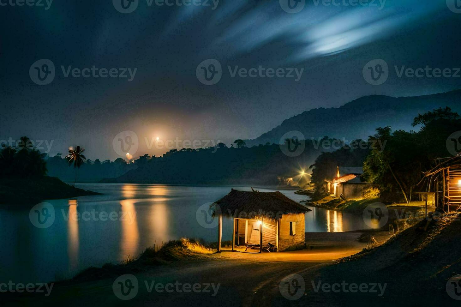 foto papel de parede a céu, noite, lua, água, casa, rio, montanha, casa,. gerado por IA