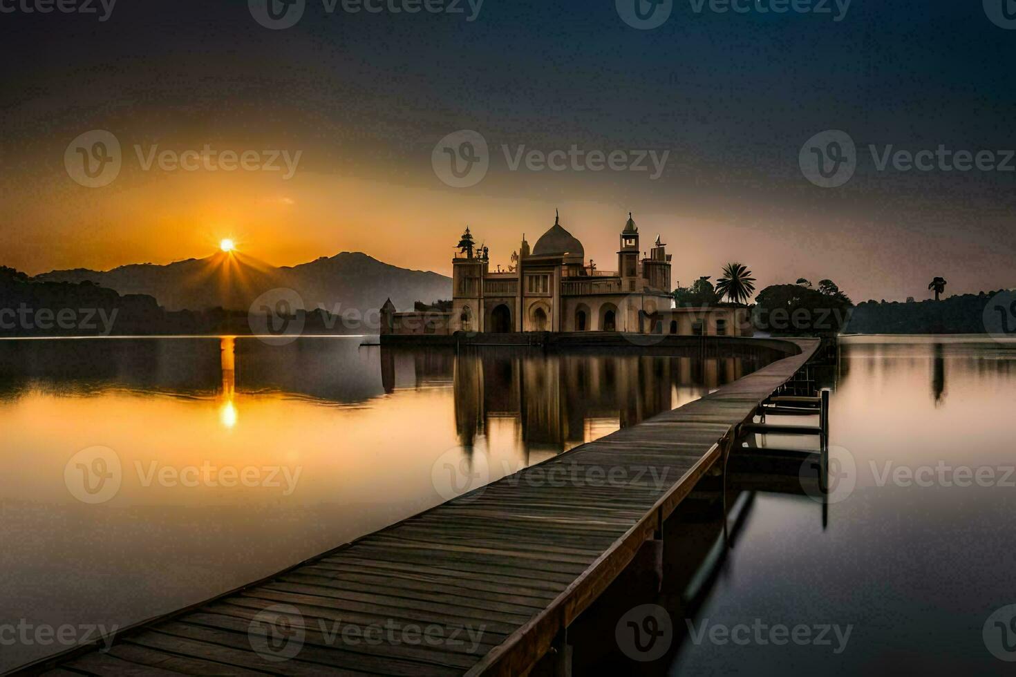 a Sol sobe sobre uma lago e uma mesquita. gerado por IA foto