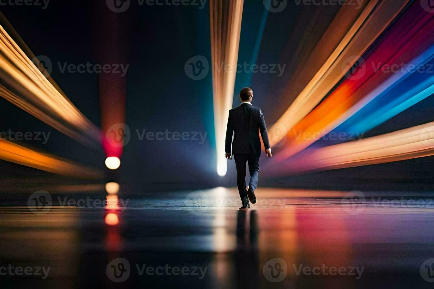 uma homem caminhando dentro a Sombrio com colorida luzes. gerado por IA foto