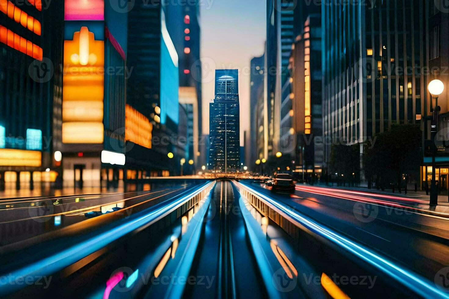 uma cidade rua às noite com carros dirigindo em isto. gerado por IA foto