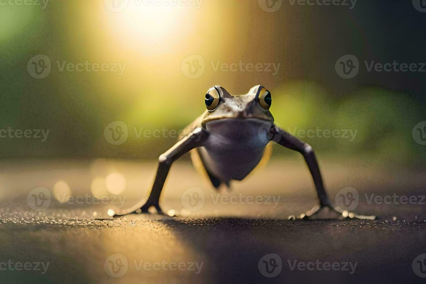 uma rã é em pé em a terra com Está pernas espalhar. gerado por IA foto