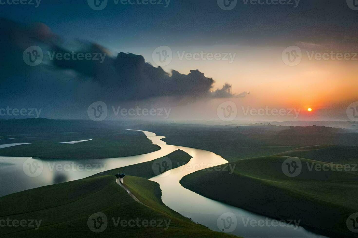 uma rio corre através uma vale às pôr do sol. gerado por IA foto