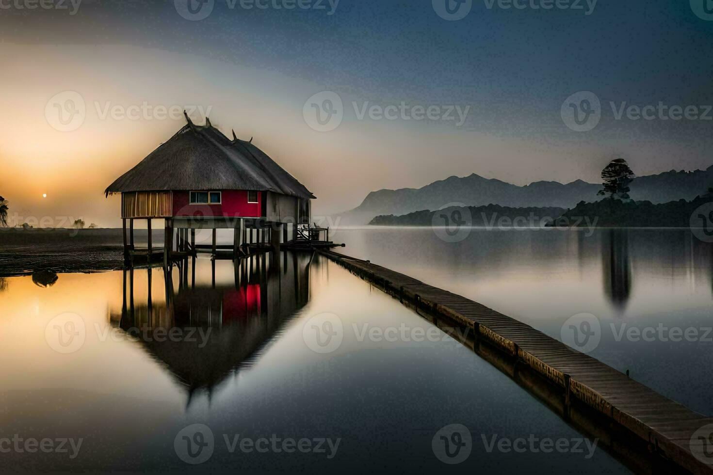 uma vermelho casa senta em a Beira do uma lago às nascer do sol. gerado por IA foto
