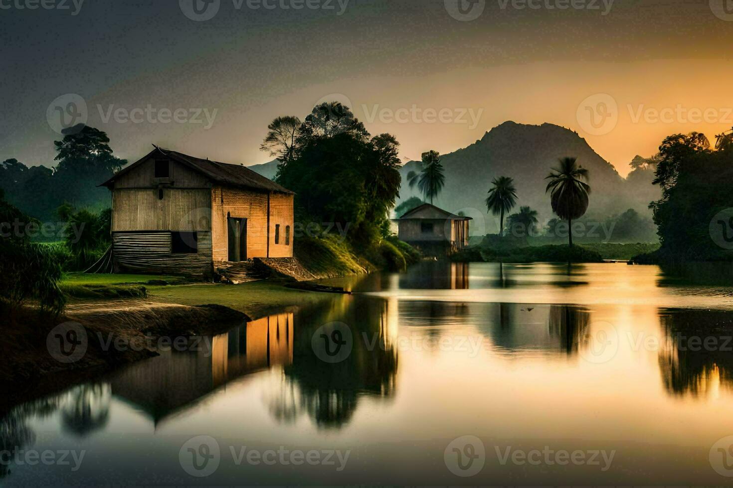 foto papel de parede a céu, água, montanhas, árvores, casa, nascer do sol, nascer do sol, a céu. gerado por IA