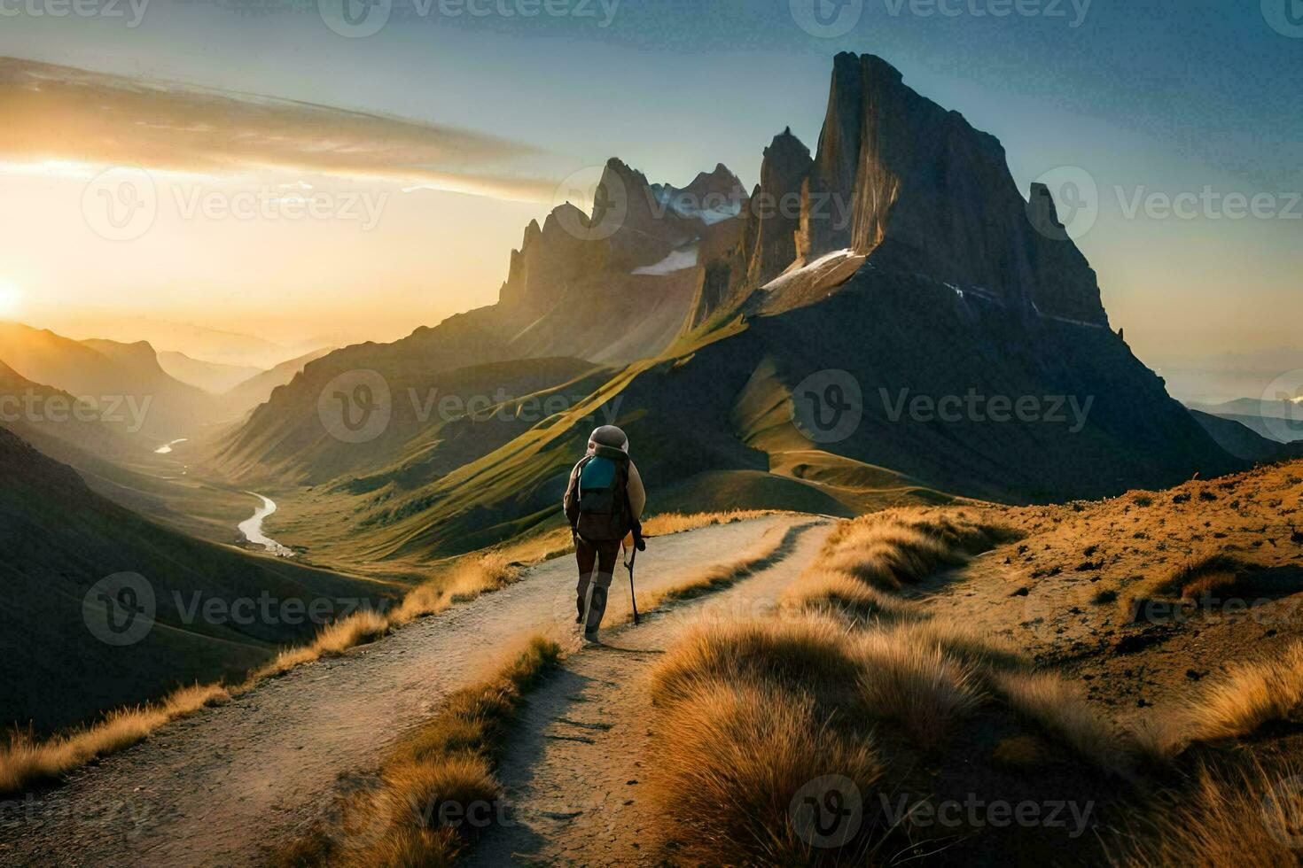 uma homem anda em em uma caminho dentro a montanhas. gerado por IA foto