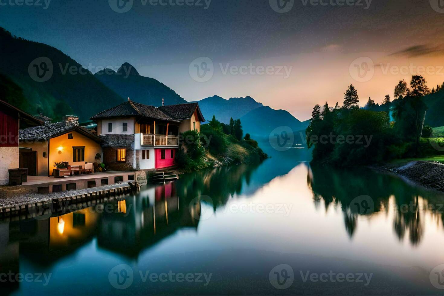 foto papel de parede a céu, montanhas, lago, casa, a montanhas, a lago, a casa. gerado por IA